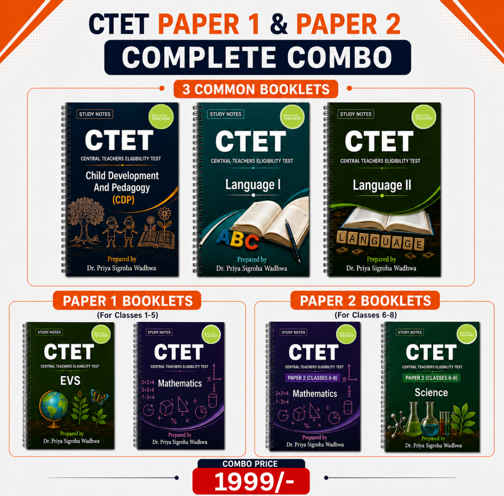 CTET Paper 1 & Paper 2 Complete Combo book bundle by Dr. Priya Sigdina Walla, featuring three common booklets and five subject booklets for classes 1-8, with a red combo price of 1999/- on an orange and white background.